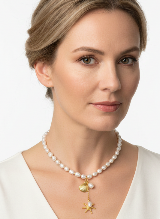 Woman wearing a pearl necklace with a gold star pendant on a white background