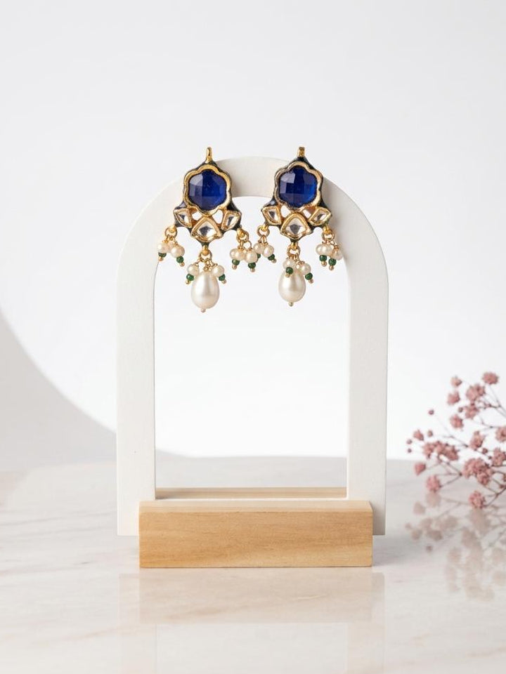 Earrings with blue gemstones and pearl-like beads on a white stand with a light background