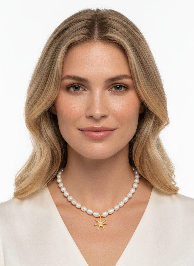 Woman wearing a pearl necklace with a gold star pendant on a white background