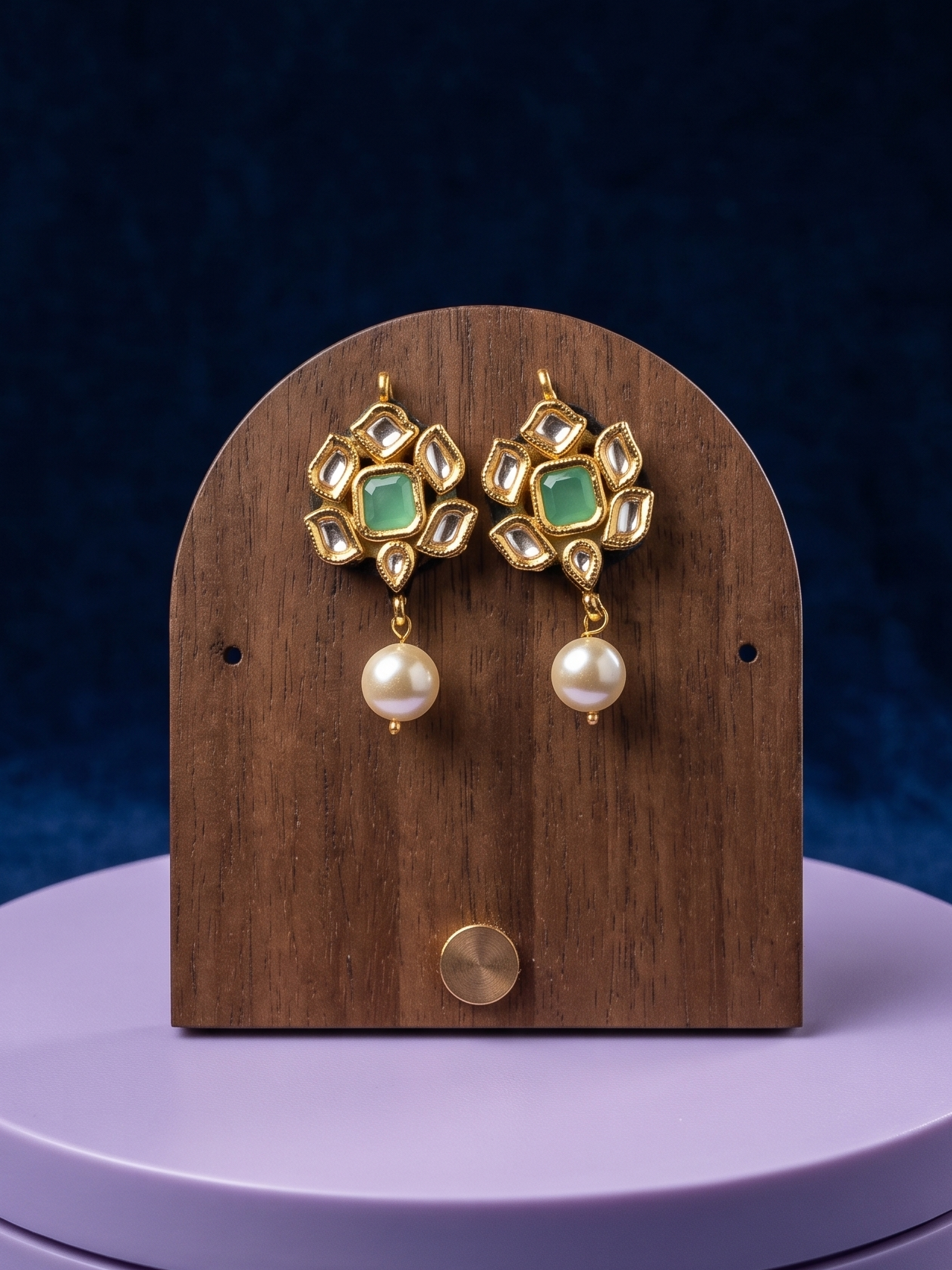 Handcrafted Kundan earrings featuring aventurine stones, luminous pearl drops, floral-inspired detailing, and radiant 22Kt gold plating for timeless elegance.