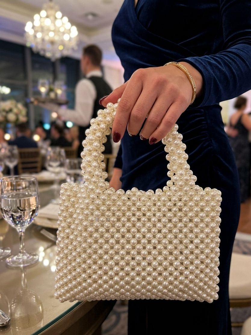 Pearl-handled handbag held by a person in an elegant indoor setting.