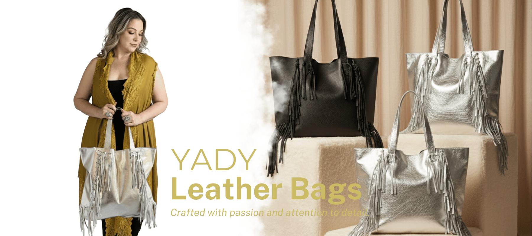 Woman holding a scarf with Yady Leather Bags displayed in the foreground