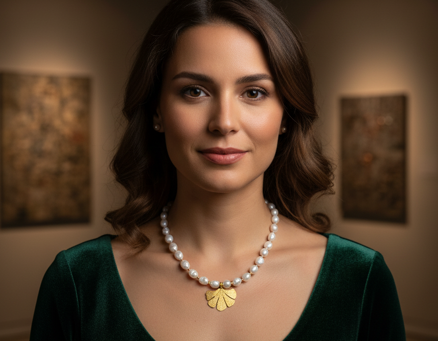 Woman wearing a pearl necklace with a gold pendant in an art gallery setting
