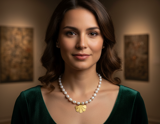Woman wearing a pearl necklace with a gold pendant in an art gallery setting