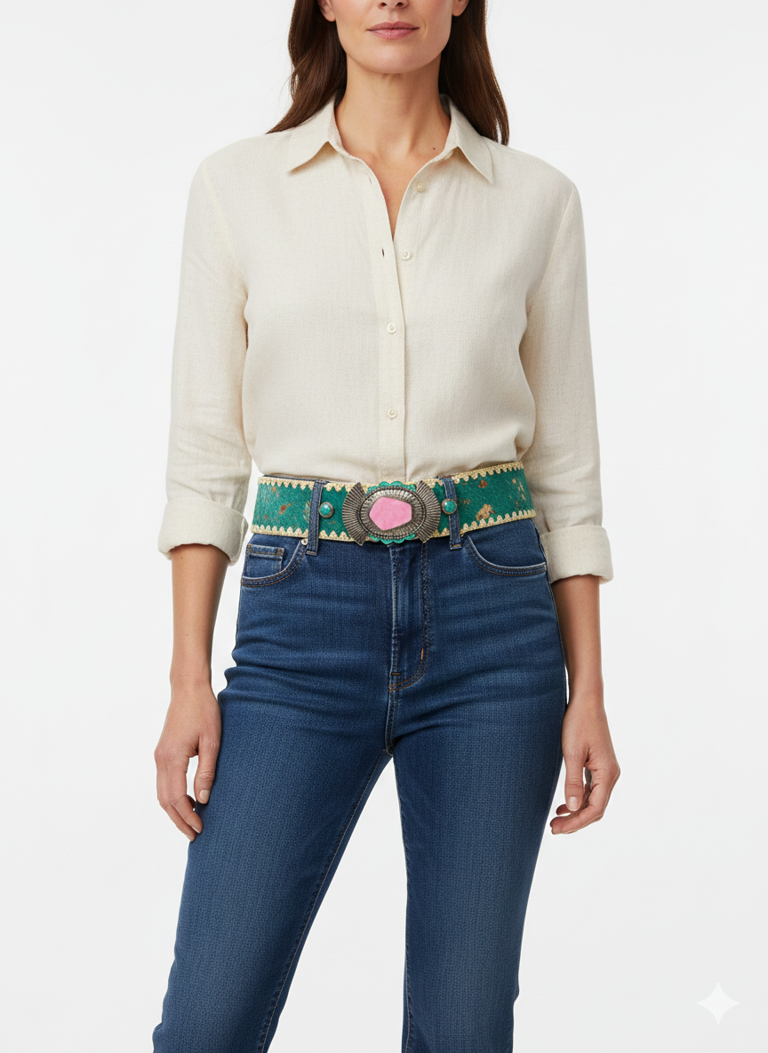 Woman wearing a cream blouse and blue jeans with a decorative belt on a white background