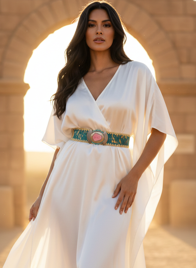 Woman in a white dress with a green belt standing in front of an archway.