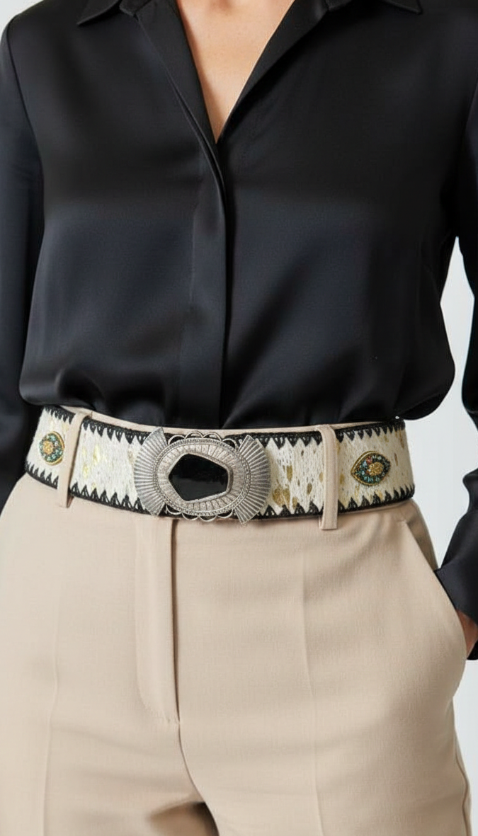 Person wearing a black shirt and beige pants with a decorative belt on a white background