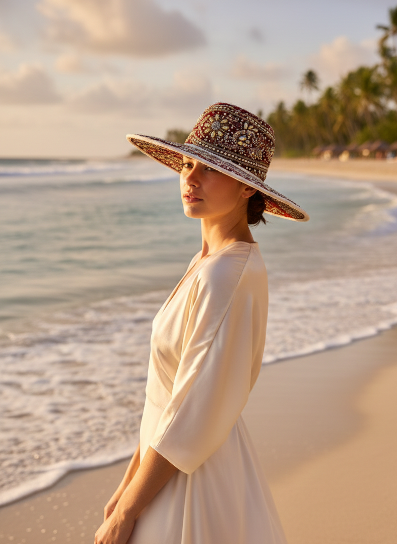 Woman in a white dress and sun hat standing on a beach with palm trees in the background