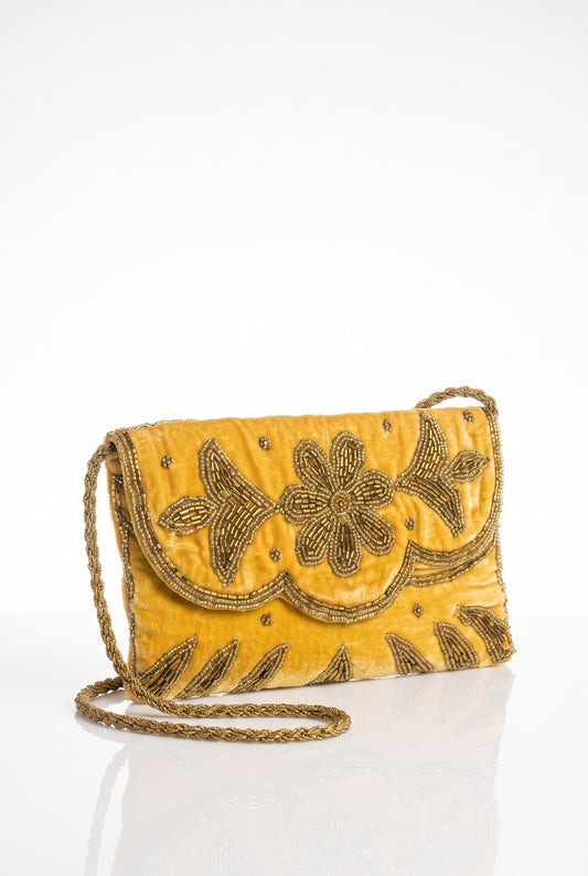 Handmade Yellow II Velvet Beaded Clutch