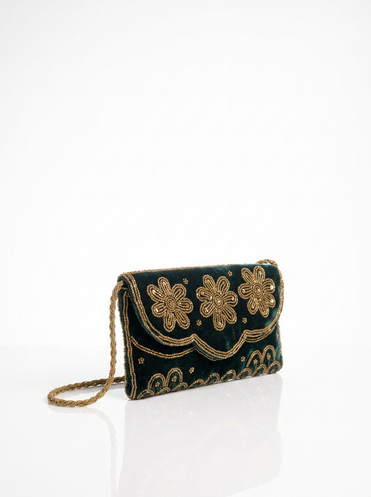 Handmade Green Velvet Beaded Clutch