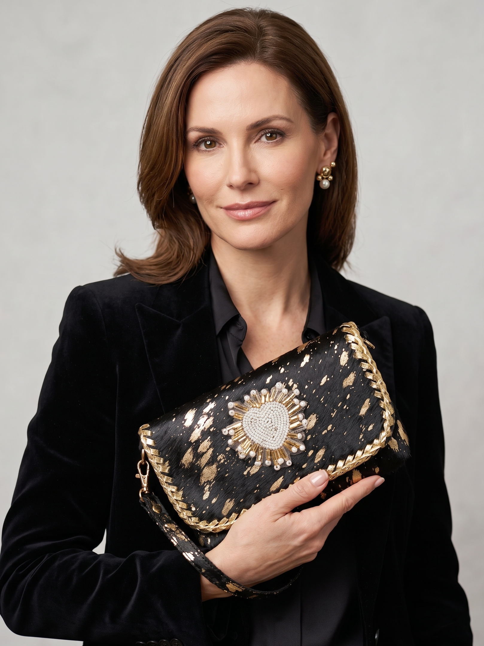 Woman holding a black clutch with gold embellishments against a gray background