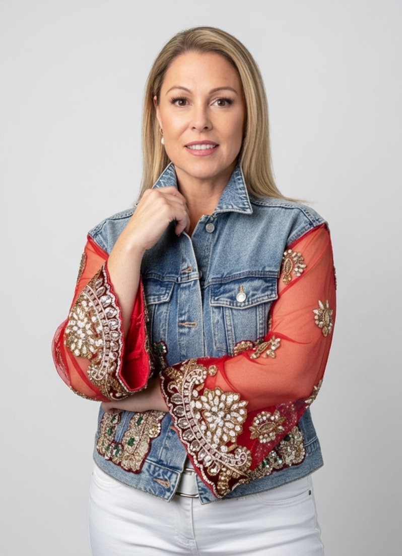 Woman wearing a denim jacket with red sleeves and gold embellishments on a gray background