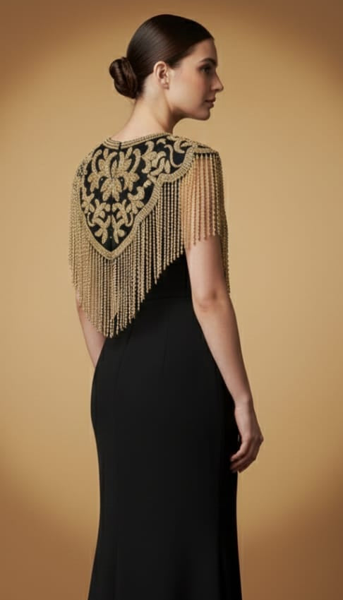Woman wearing a black evening gown with gold embroidery and fringe on a beige background