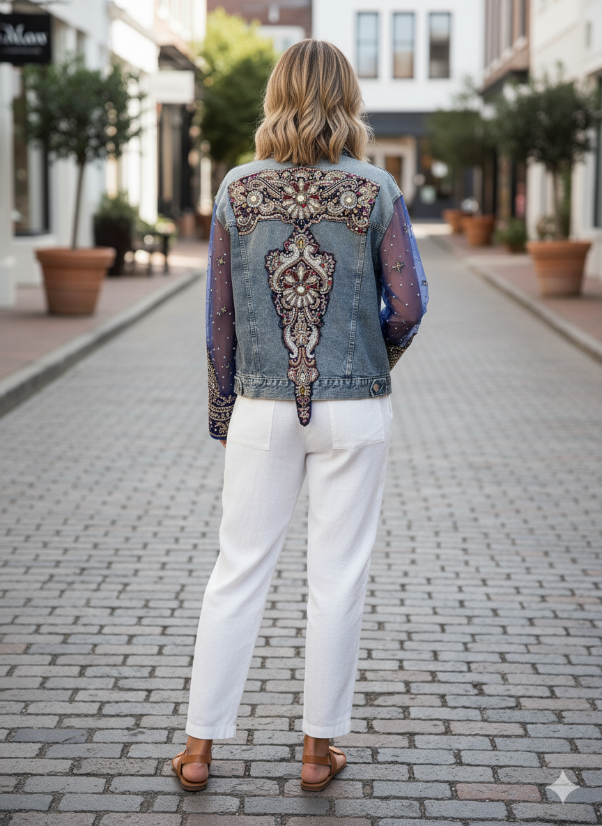 Person wearing a denim jacket with intricate patterns on a street.