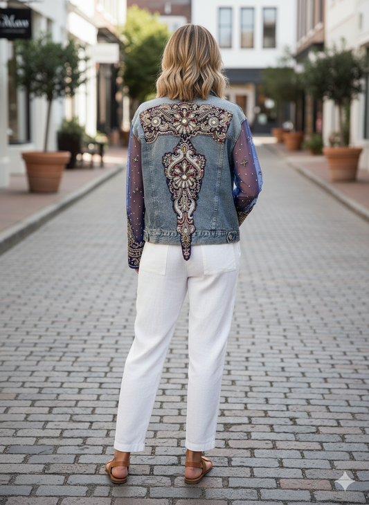 Person wearing a denim jacket with intricate patterns on a street.