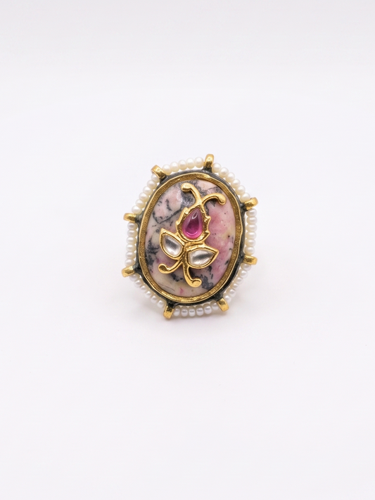Jasper stone ring, Kundan ring, handmade Indian jewelry, adjustable statement ring, 22Kt gold plated jewelry, artisan jewelry, luxury resort jewelry, handcrafted jewelry, Indian statement ring