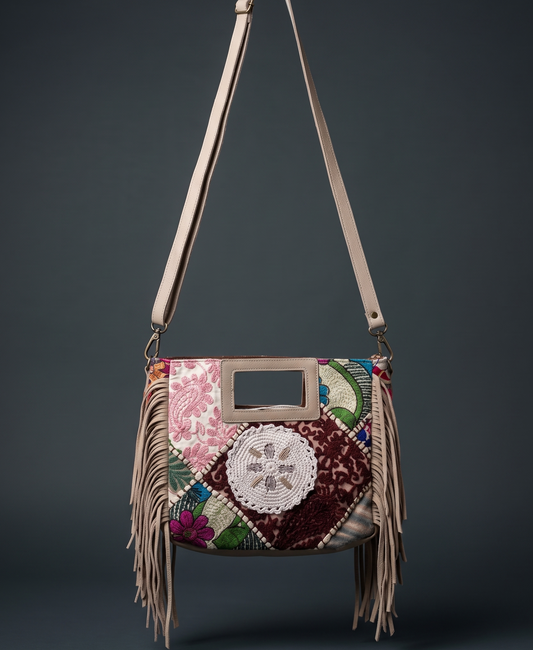 Multicolored handbag with floral patterns and fringes on a dark background