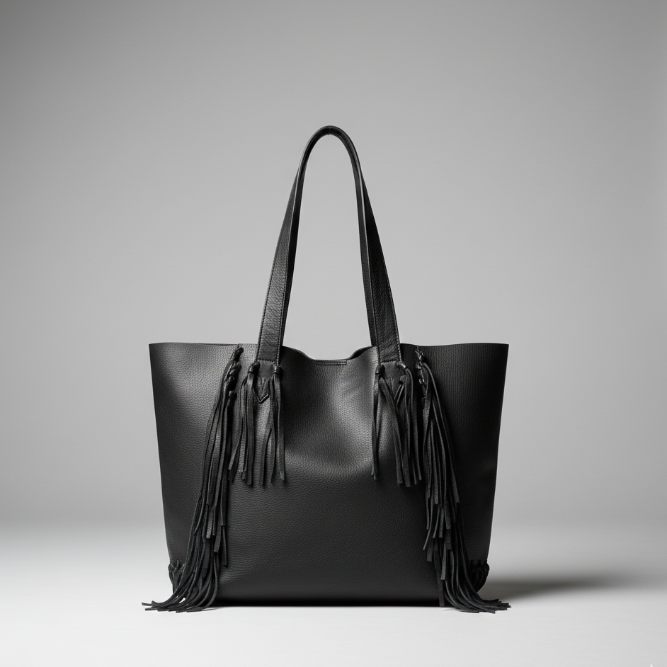 Black leather tote bag with fringe details on a gray background