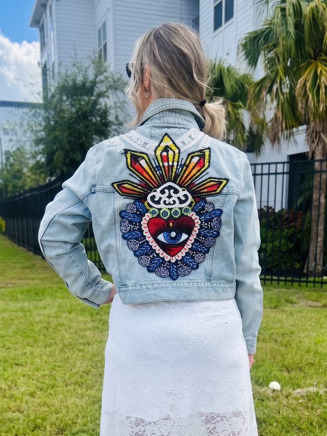 A woman stands outdoors on a paved path wearing a light blue denim jacket from the back, which features a large colorful embroidered design of a heart with an eye and a sunburst. She is also wearing a long white lace skirt and black heels, with a grassy lawn, palm trees, and apartment buildings in the background.