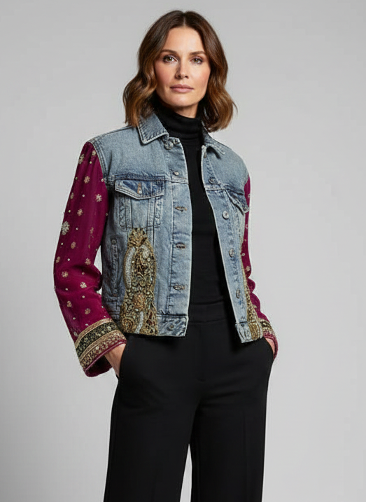 Woman wearing a denim jacket with colorful sleeves and black pants on a gray background