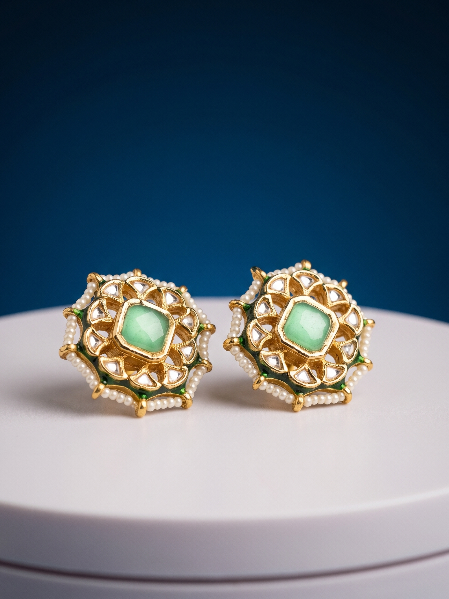 Gold earrings with green gemstones on a white platform against a blue background