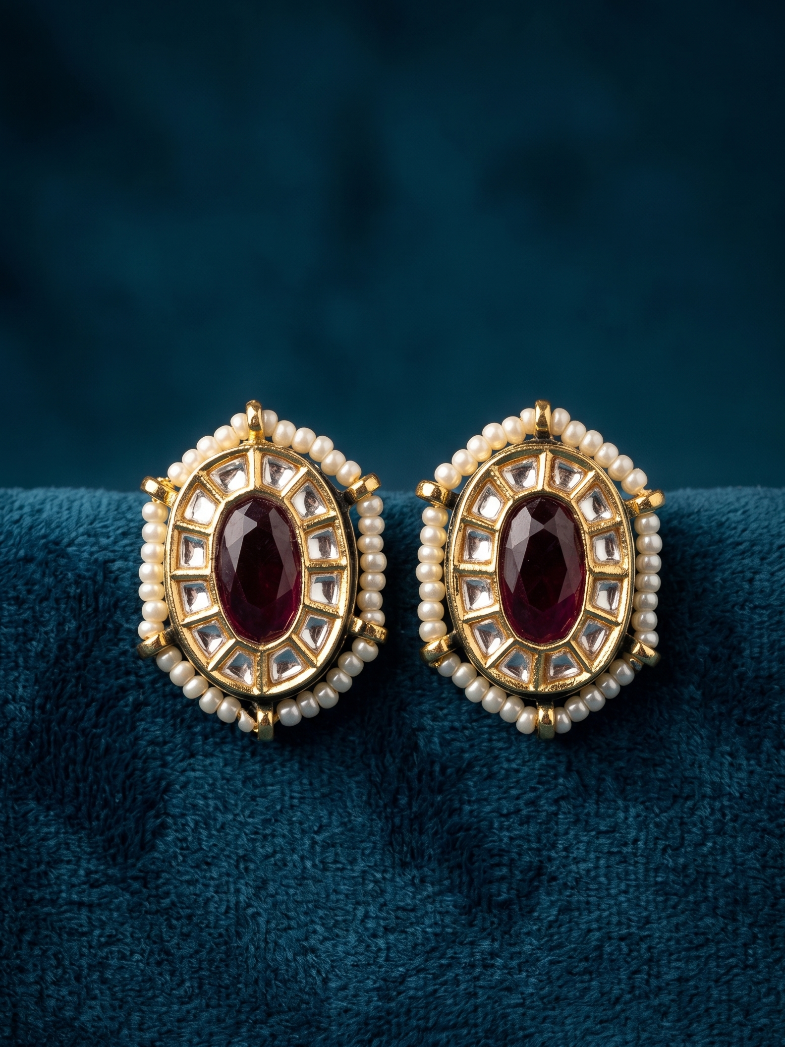 Pair of gold earrings with red gemstones on a blue background