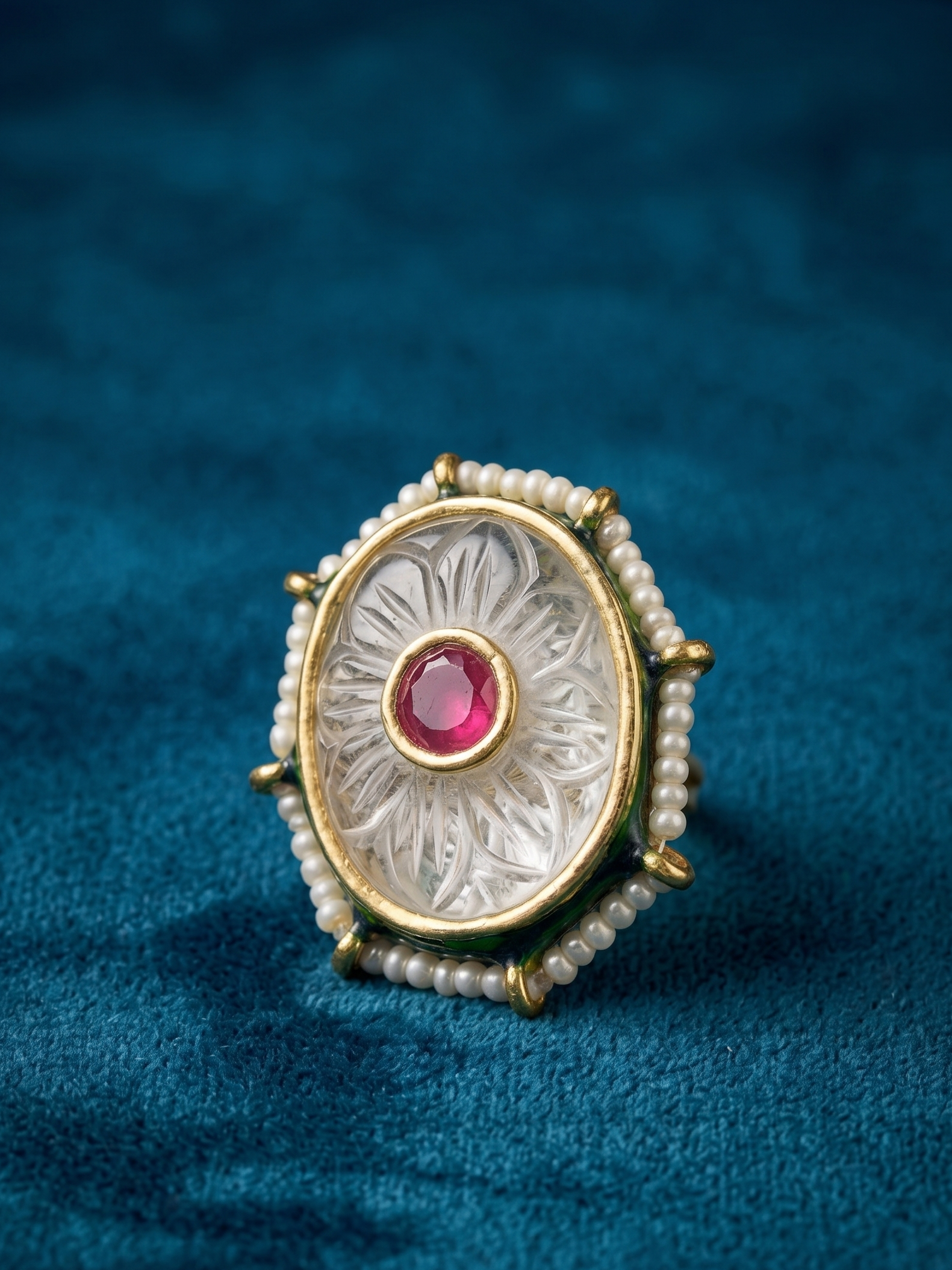 Decorative ring with a red gemstone and pearl accents on a blue fabric background