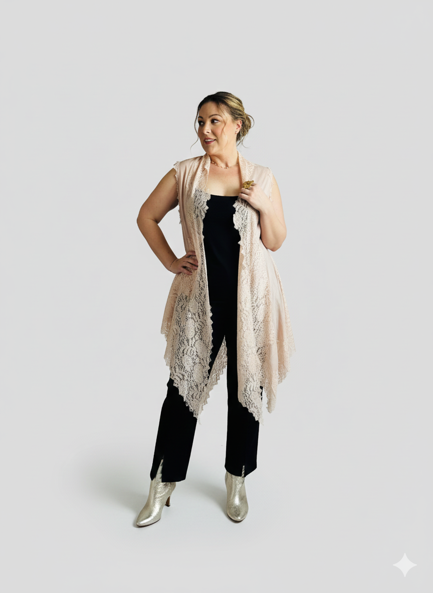 Woman wearing a long beige lace scarf on a white background
