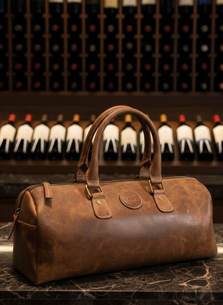 Brown leather duffel bag on a marble surface with wine bottles in the background