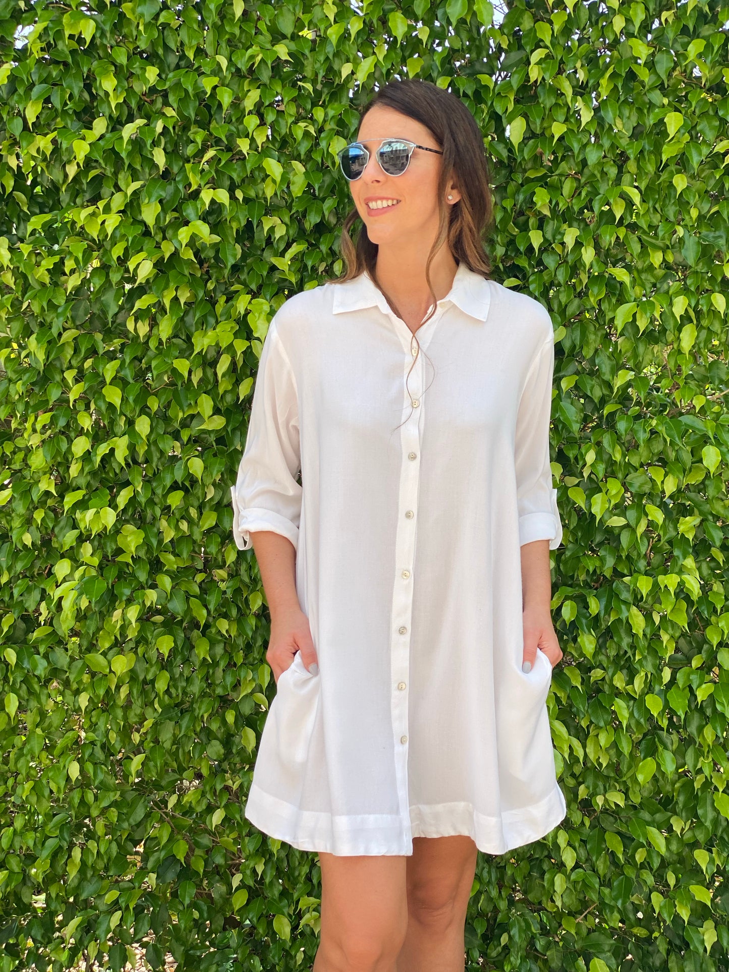 White shirt dress good vibes