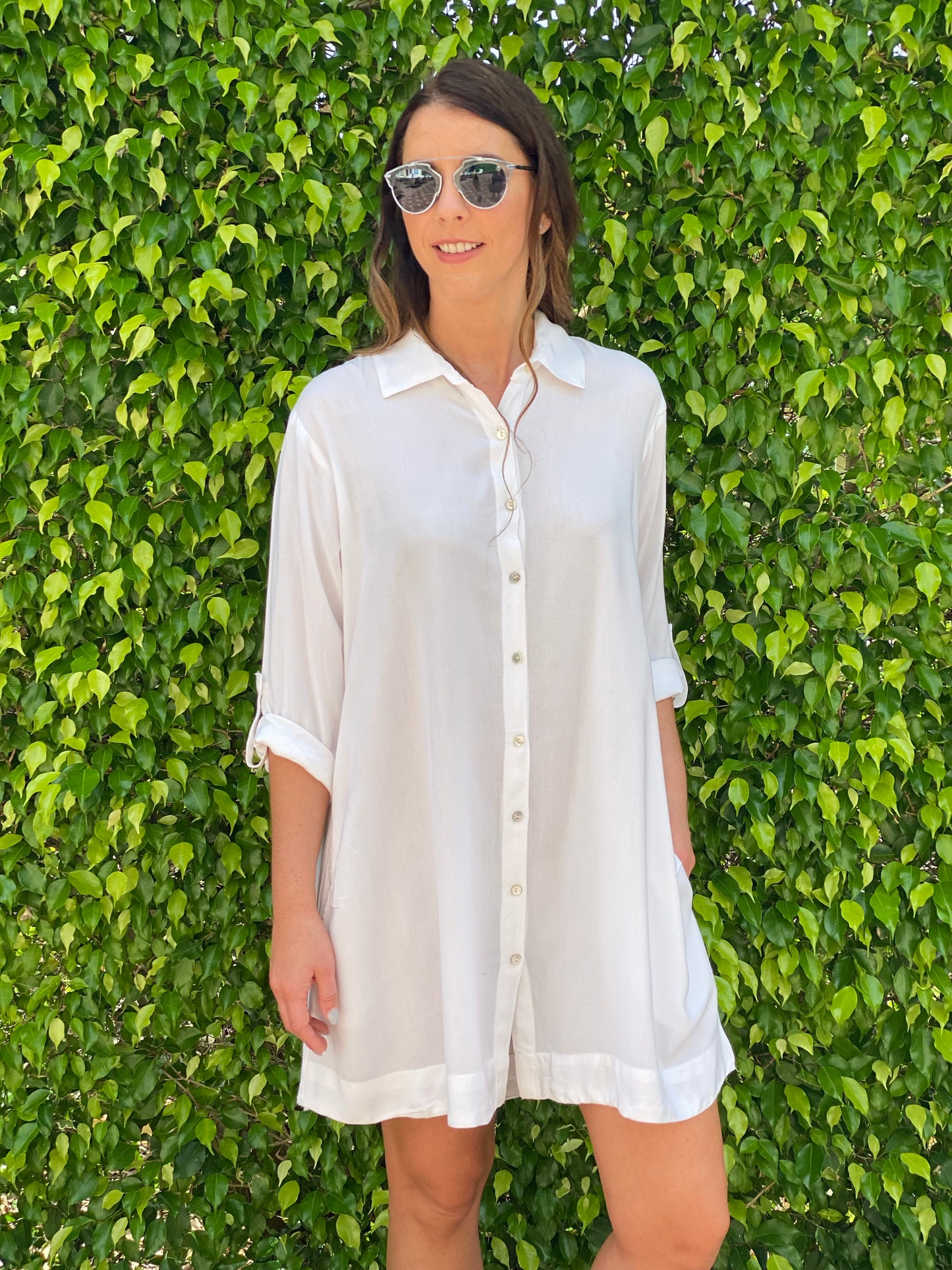 White shirt dress good vibes